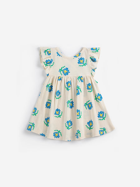 Bobo Choses Baby White Pixel Flowers All Over Ruffled Dress