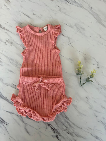 Buho Baby Peach Pink Rib Ruffle Bodysuit + Culotte Set