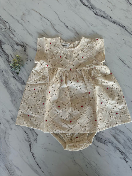 Pequeno Tocon Embroidered Hearts Baby Dress  + Bloomer Set