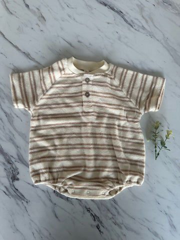 Quincy Mae Ivory Oat Stripe Terry Henley Romper