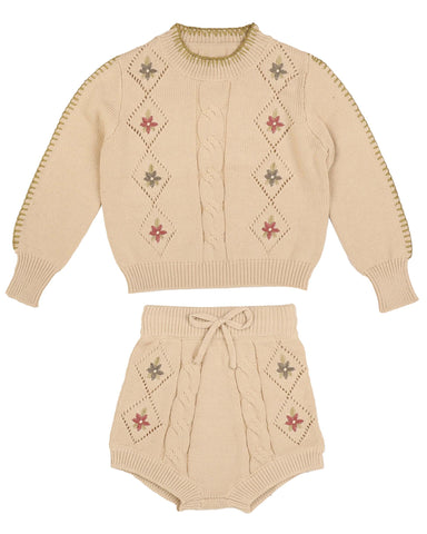 Belati Cream Embroidered Floral Knit Baby Set