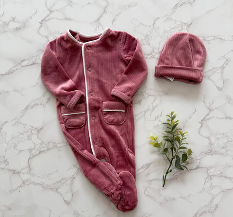 Bonjoy Pink/White Ribbed Velour Piping Footie Set