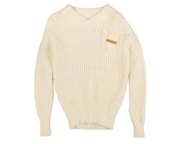 Belati Cream Pocket Flap Detail V Neck Knit