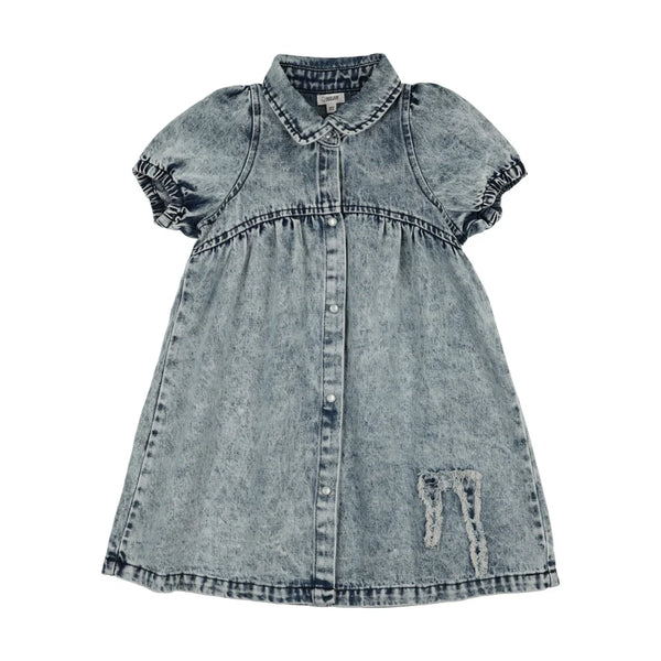 Bonjoy Blue Denim Bow Jean Patch Short Sleeve Dress