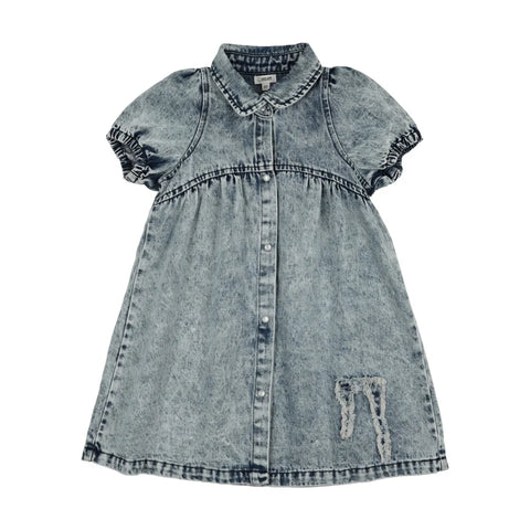 Bonjoy Blue Denim Bow Jean Patch Short Sleeve Dress
