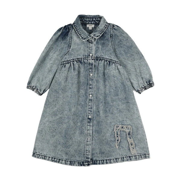 Bonjoy Blue Denim Bow Jean Patch 3/4 Sleeve Dress