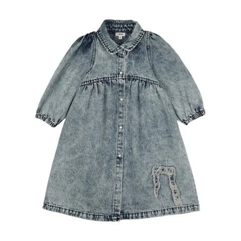 Bonjoy Blue Denim Bow Jean Patch 3/4 Sleeve Dress