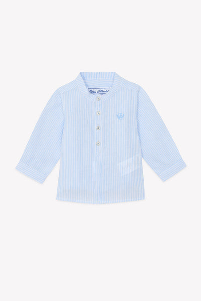 Tartine et Chocolate Blue Nuage Baby Mandarin Collar Stripe Linen Shirt