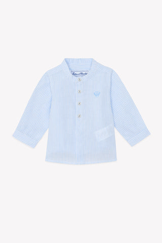 Tartine et Chocolate Blue Nuage Baby Mandarin Collar Stripe Linen Shirt