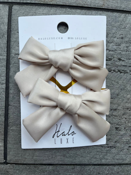 Halo Luxe Champagne Rosa Vintage Satin Double Bow Clips