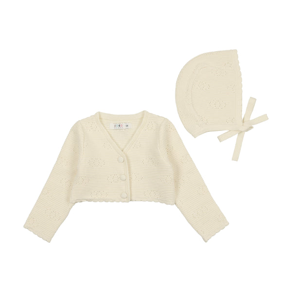 Coco Blanc Cream Scalloped Cardigan + Bonnet