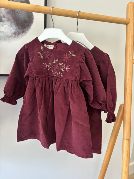 Babe & Tess Burgundy Embroidered Flower Isotta Dress