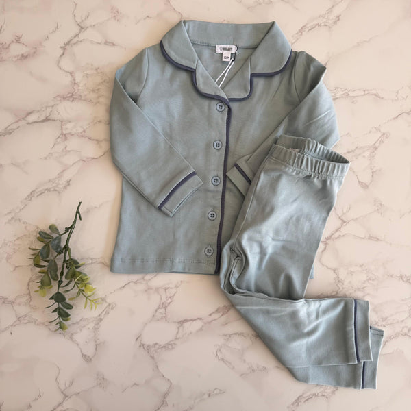 Bonjoy Dusty Blue Grandpa Piping Long Sleeve Pajamas
