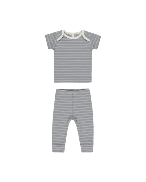 Quincy Mae Blue Pinstripe Ribbed Short Sleeve Tee + Legging Set