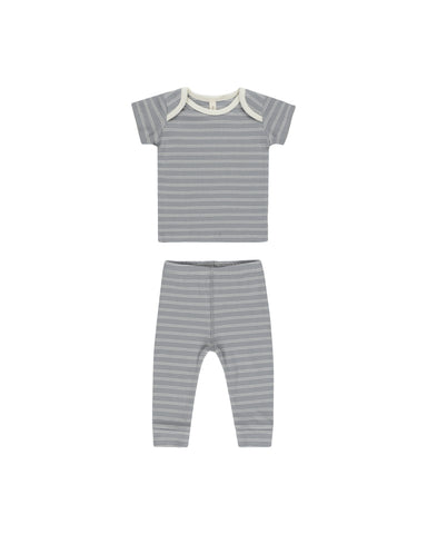 Quincy Mae Blue Pinstripe Ribbed Short Sleeve Tee + Legging Set