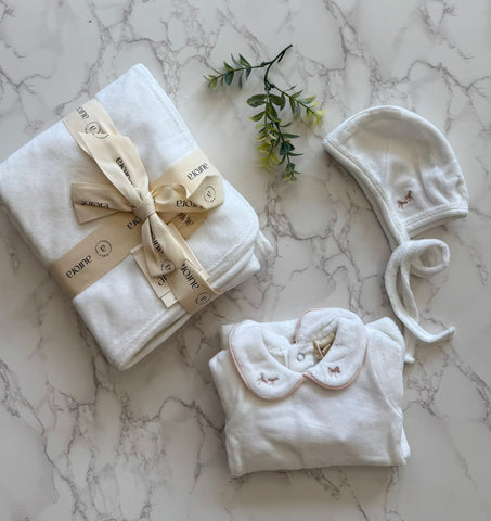 Aurora Ivory/Pink Embroidered Velour Collar Footie + Bonnet