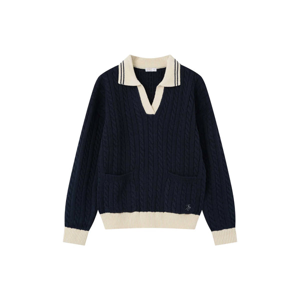 Coco Blanc Navy Cabled Collared Sweater