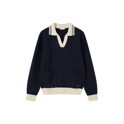 Coco Blanc Navy Cabled Collared Sweater