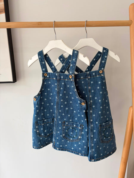 Piupiuchick Washed Navy Denim Stars Knee Length Dress with Straps
