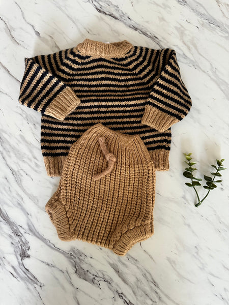 Pequeno Tocon Camel & Marine Stripe Knit Bloomer Set