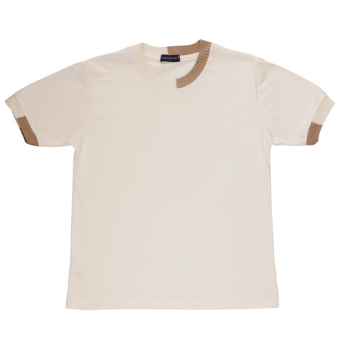 Emanuel Pris Off White Top with Tan Contrast Trim