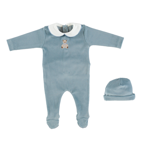 Bebe Organic Blue Eden Collar Teddy Velour Footie Set