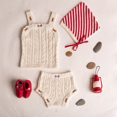 Birinit Ivory Red Knit Top and Bloomer Set