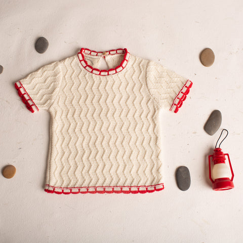 Birinit Ivory & Red Trim Short Sleeve Knit Top