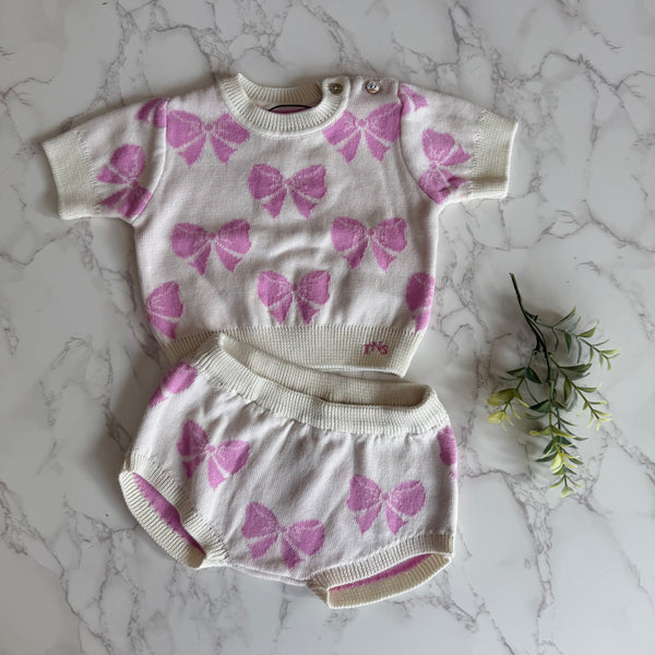 The New Society Baby Pink Lavender Bow Pinpilin Sweater + Bloomer Set