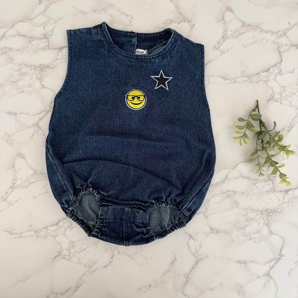 Bonjoy Boys Denim Blue Jean Emoji Romper
