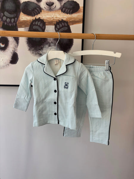 Minimoi Baby Blue Snuggly Bear Chevron Pajama Set