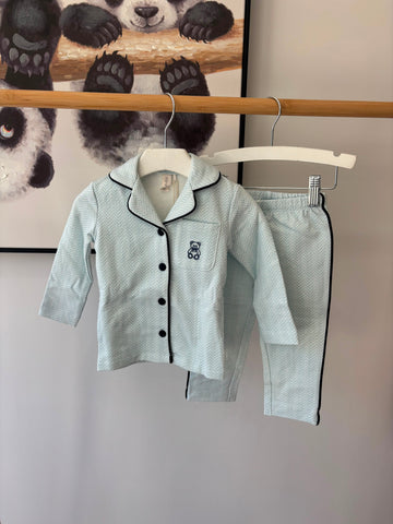 Minimoi Baby Blue Snuggly Bear Chevron Pajama Set
