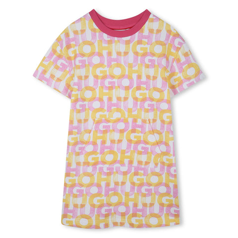 Hugo Pink All Over Logo Short Sleeve Dress