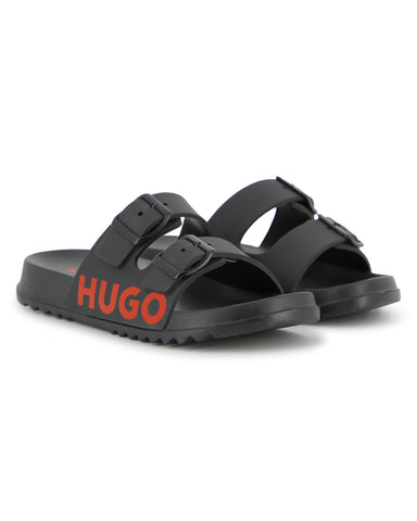 Hugo Black Double Strap Logo Slides