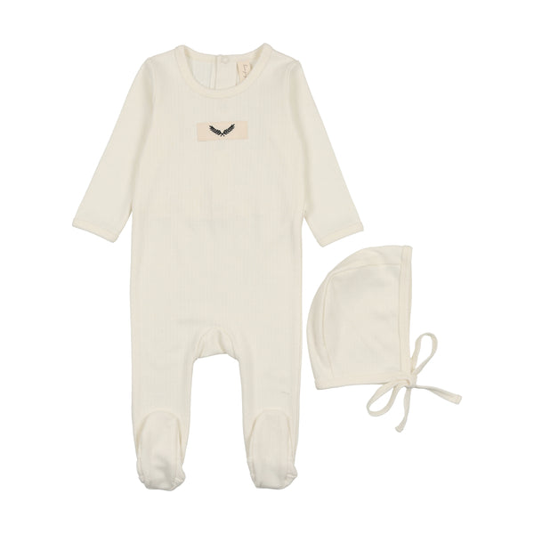 Bonjoy Ivory Pointelle Branch Footie + Hat Set