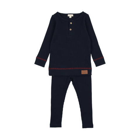 Lil Legs Navy/Red Henley Ribbed Set