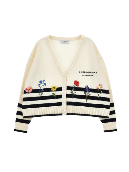 Philosophy Striped Knit Cardigan with Flower Embroidery