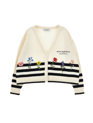 Philosophy Striped Knit Cardigan with Flower Embroidery