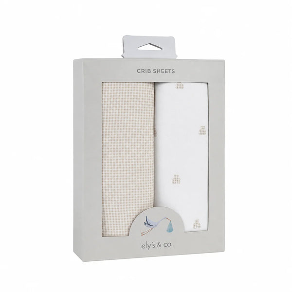 Ely's & Co Linear Gingham Tan Bear  Crib/Toddler Bed Sheets