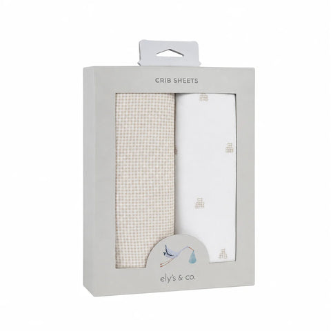 Ely's & Co Linear Gingham Tan Bear  Crib/Toddler Bed Sheets