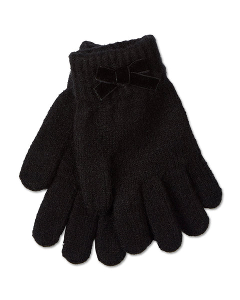 Memoi Black Girls Bow-Trimmed Cuffed Knit Gloves
