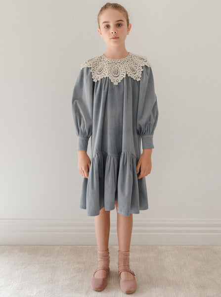 Petite Amalie Steel Blue Cord Crochet Collar Neck Dress