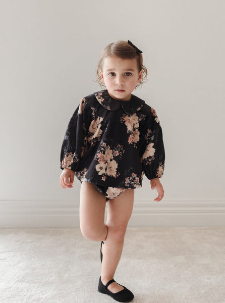 Petite Amalie Black Bouquet Bebe Cord Blouse + Bloomer Set