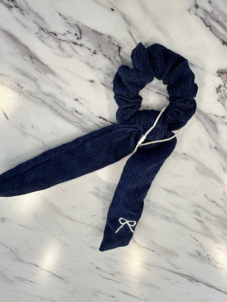 Halo Luxe Navy Mia Corduroy Signature Bow Logo Long Tail Scrunchie