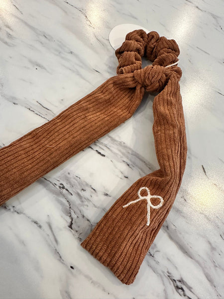 Halo Luxe Caramel Mia Corduroy Signature Bow Logo Long Tail Scrunchie