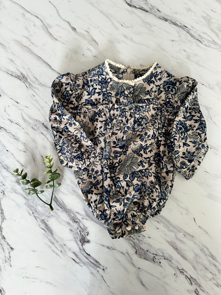 Belati Blue Floral Cord Peter Pan Collar Romper