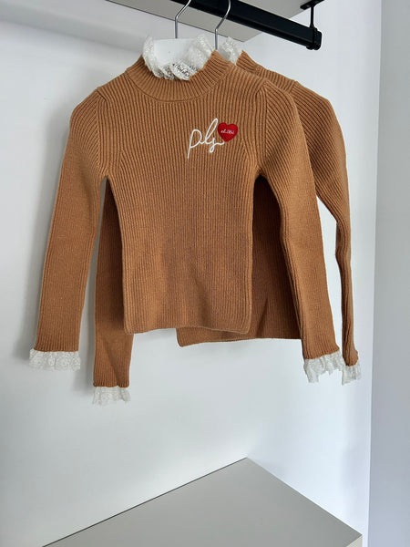 Philosophy Tan Rib Knit Lace Edges Sweater