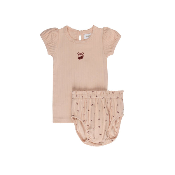 Aurora Pink/Red Pointelle Bow Print T-shirt + Bloomer Set