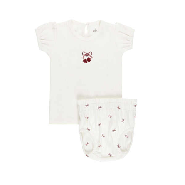 Aurora Ivory/Pink Pointelle Bow Print T-shirt + Bloomer Set
