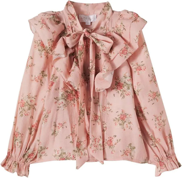 Petite Amalie Vintage Roses Tie Neck Blouse